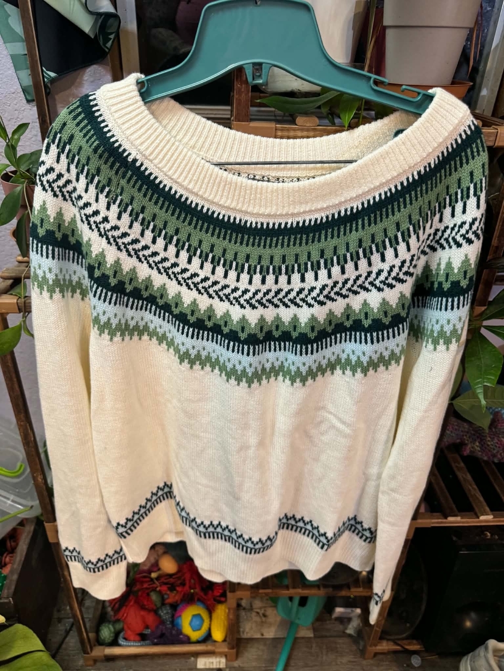 Style & Co. Cream Fair Isle Crewneck Sweater with Green Accents